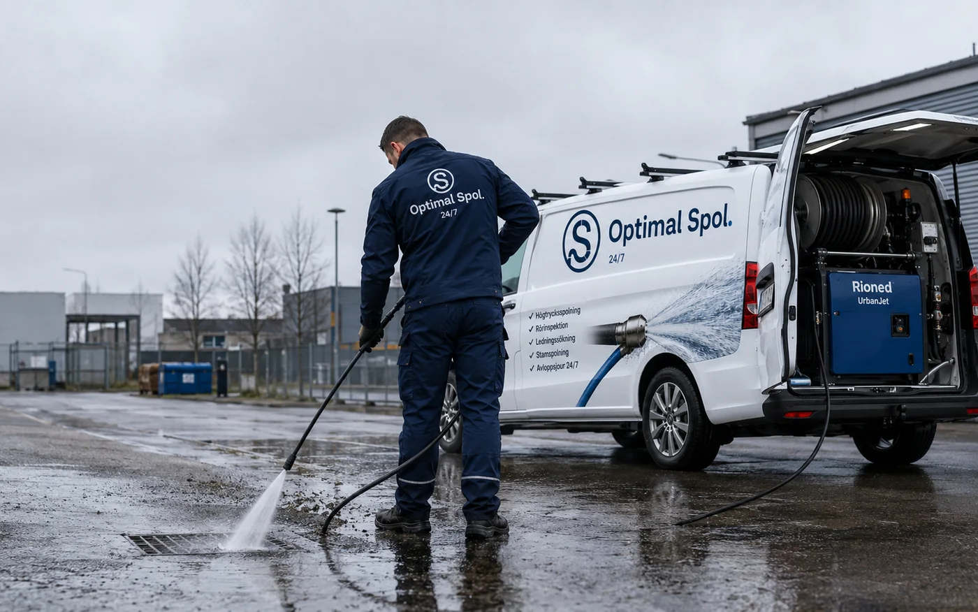 Spolslang som förs ner i en golvbrunn